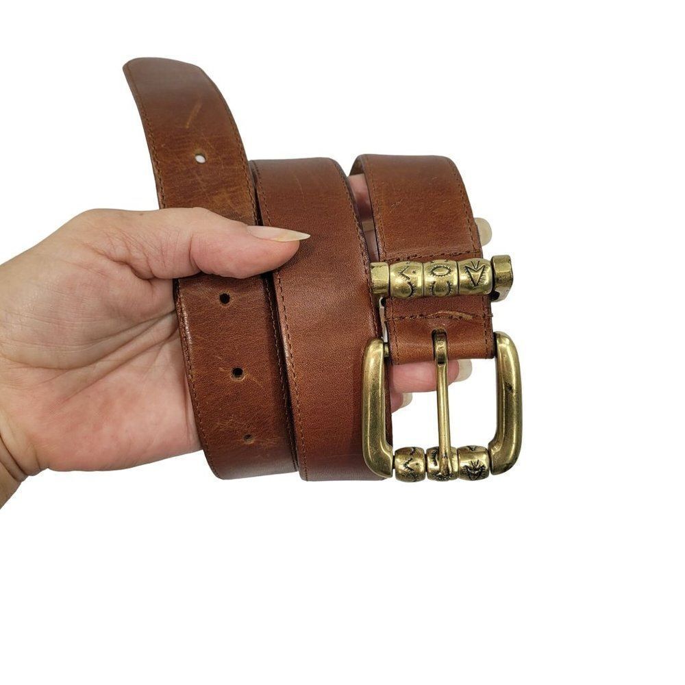 Vintage 80's Ritz Leather Belt S Brown Hieroglyphic Symbol Beads‎ Brass Buckle